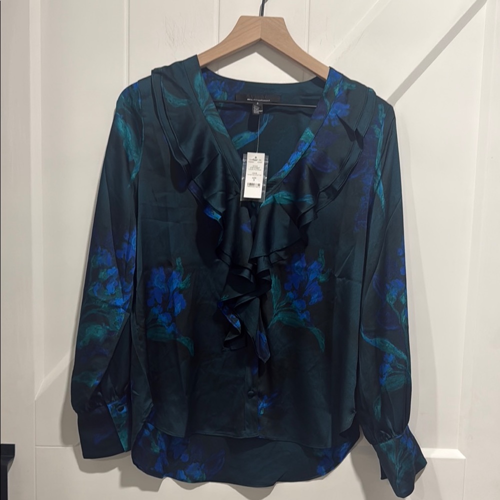 White House Black Market Teal and Blue Ruffle Blouse